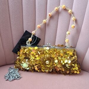 Small Gold Beaded Evening Clutch With Detachable Chains